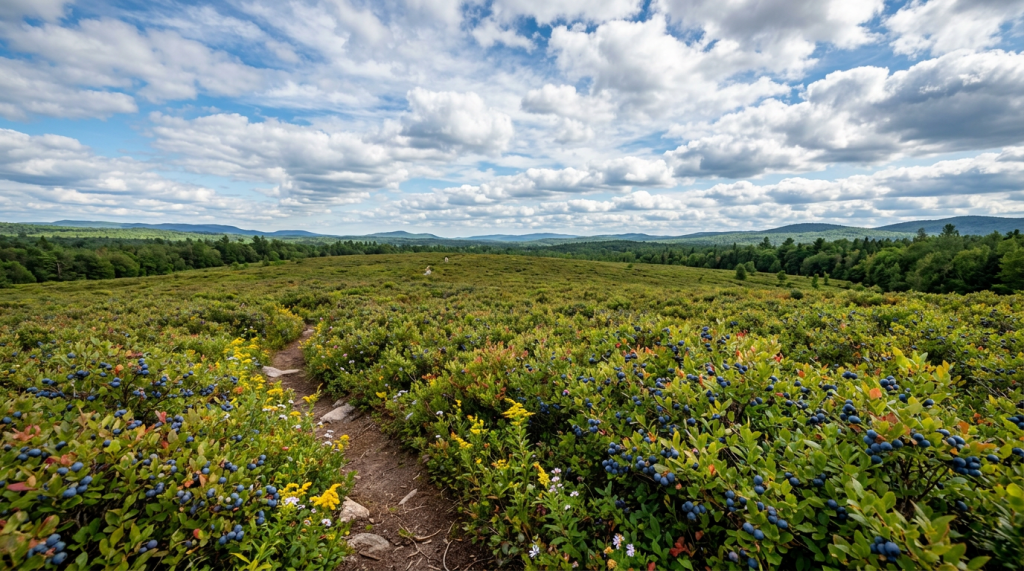 Path through wild blueberry bushes with hills and forest in the background